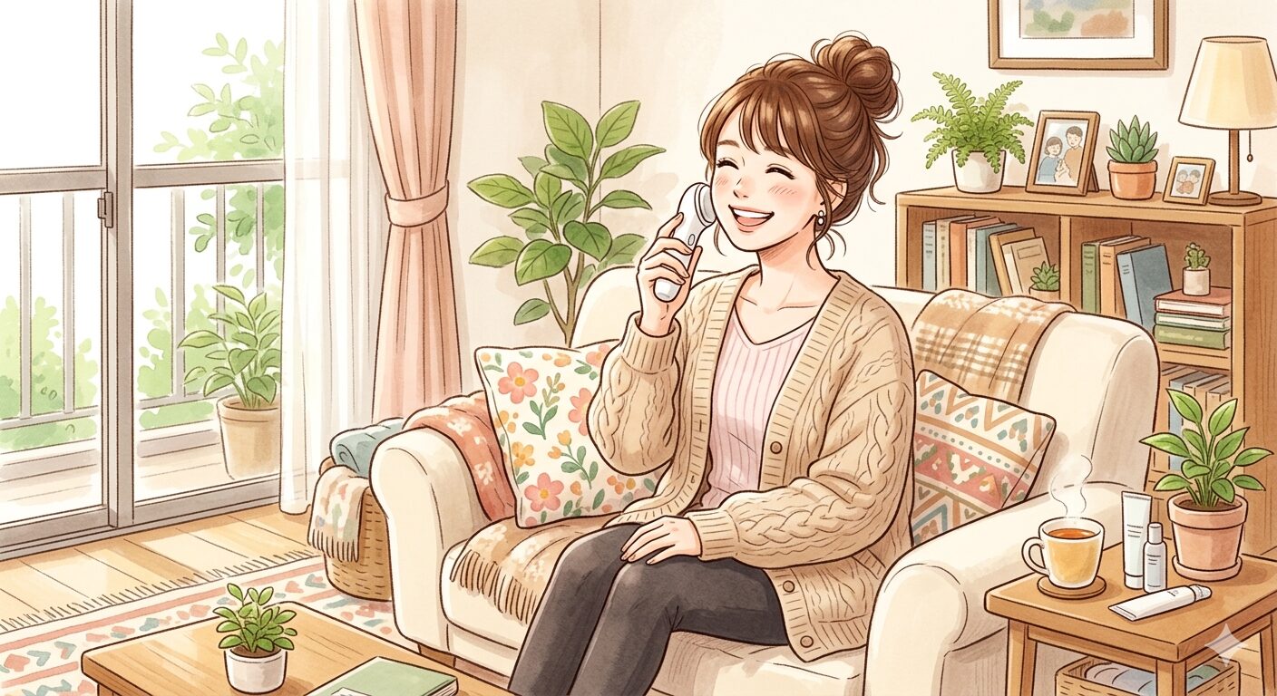 女の子が美顔器をしている絵