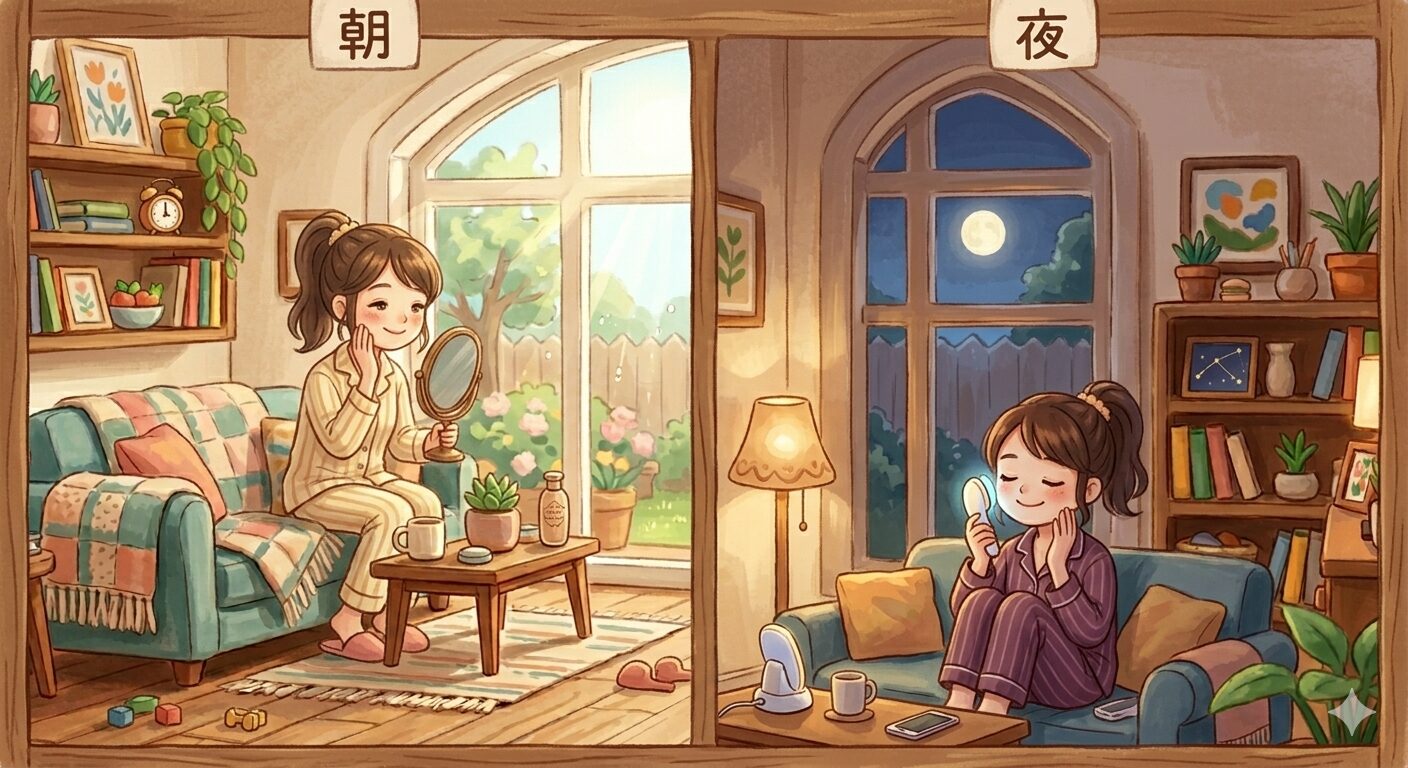 朝は化粧水、夜は美顔器をしている女性