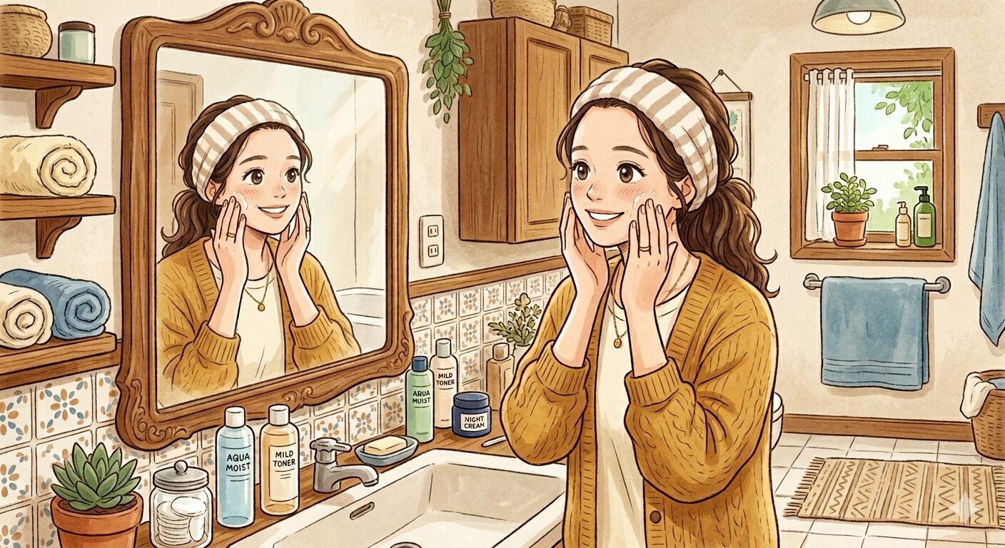 洗面所で化粧水をつけている女の子