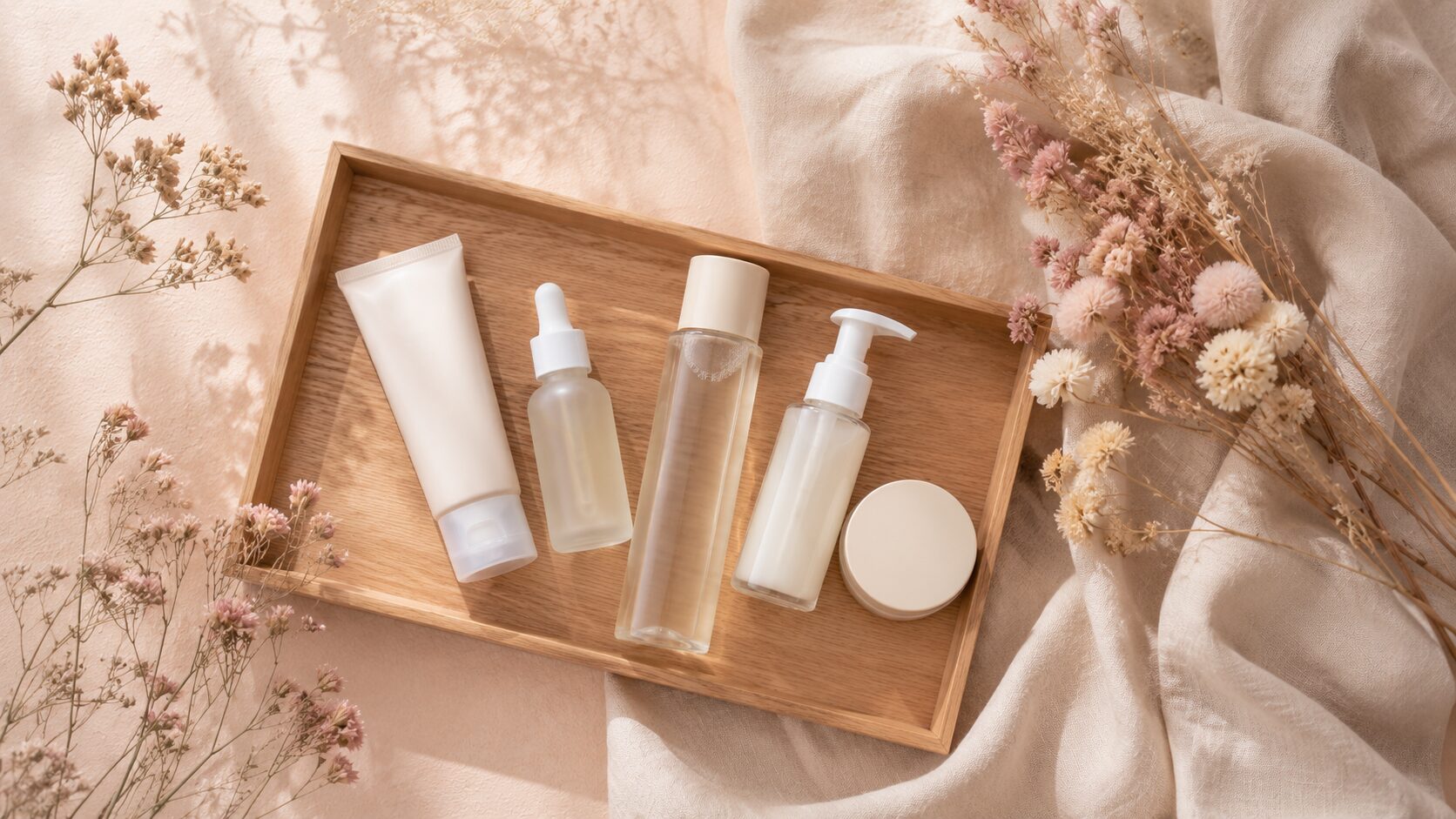 木製トレーに並んだ美白化粧水のボトル数本、くすみピンクの背景に柔らかな自然光