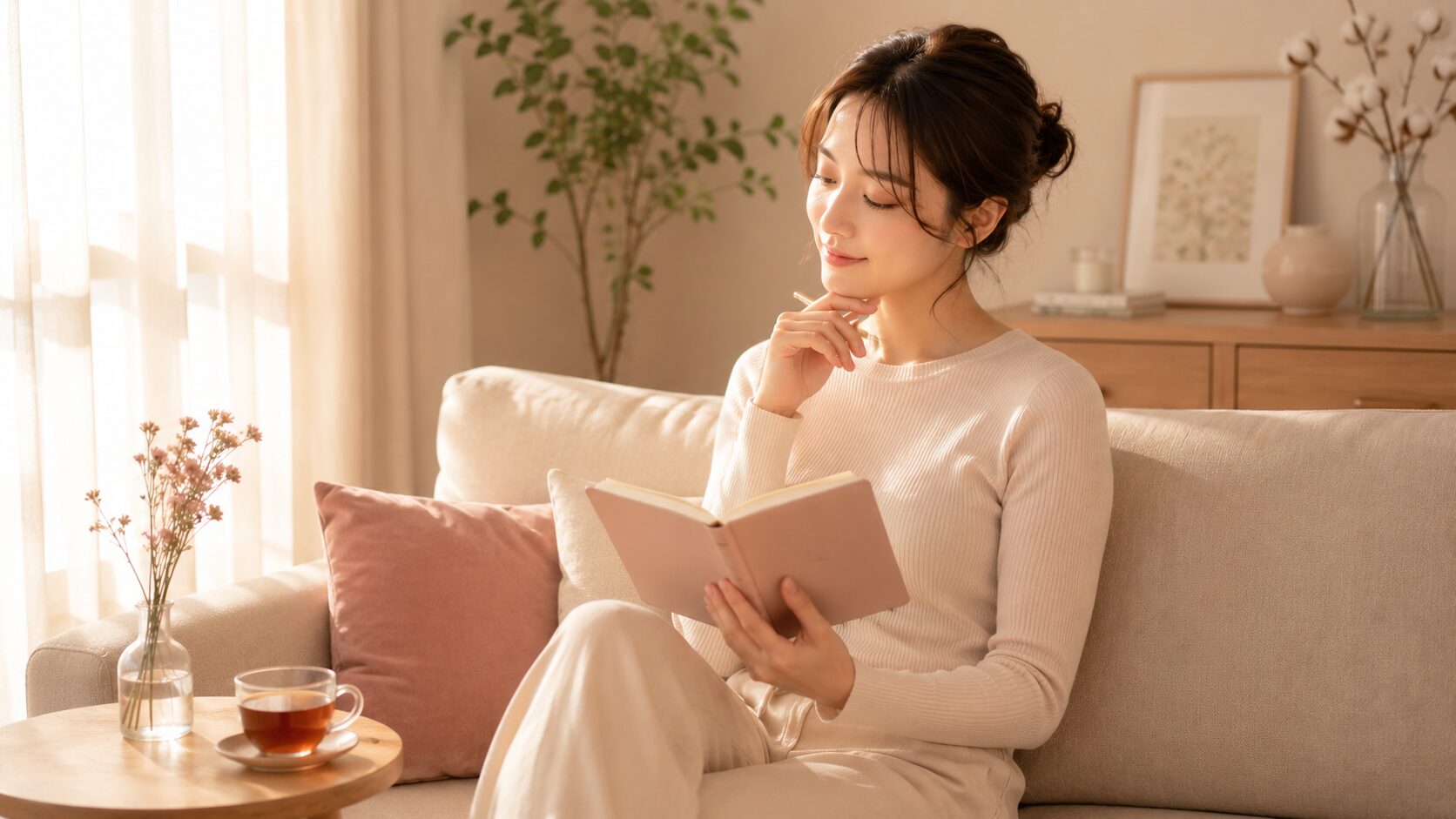 50代女性が手鏡を見ながら肌チェックをする、自分に合う一本を選ぶイメージ