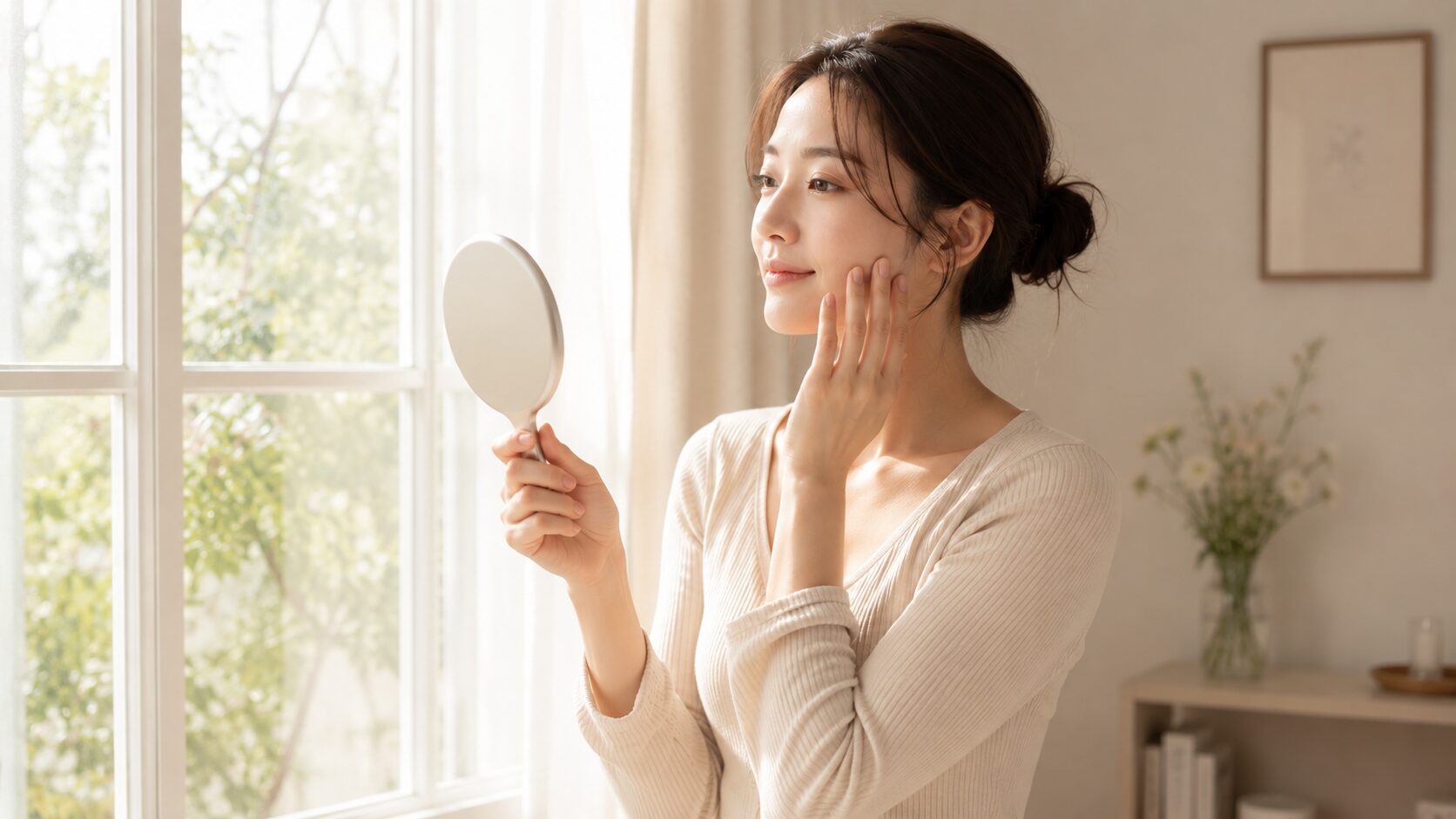 50代女性がやさしい朝の光の中で頬に手を添えるシーン、シミ対策の悩みを表現