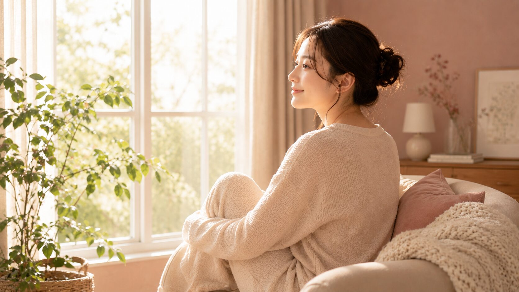 窓辺で穏やかにお茶を飲む50代女性、続けることの大切さを象徴する温かな雰囲気