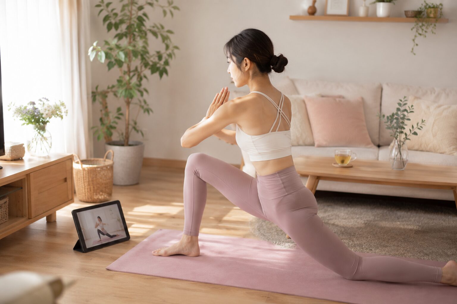 タブレットの先生にポーズを見てもらいながら自宅でヨガをする50代女性