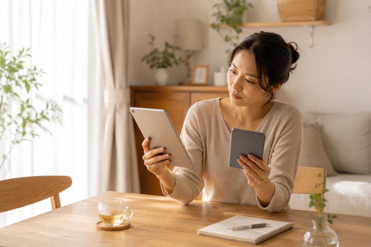 自宅でオンラインヨガサブスクの料金プランを比較検討している50代女性