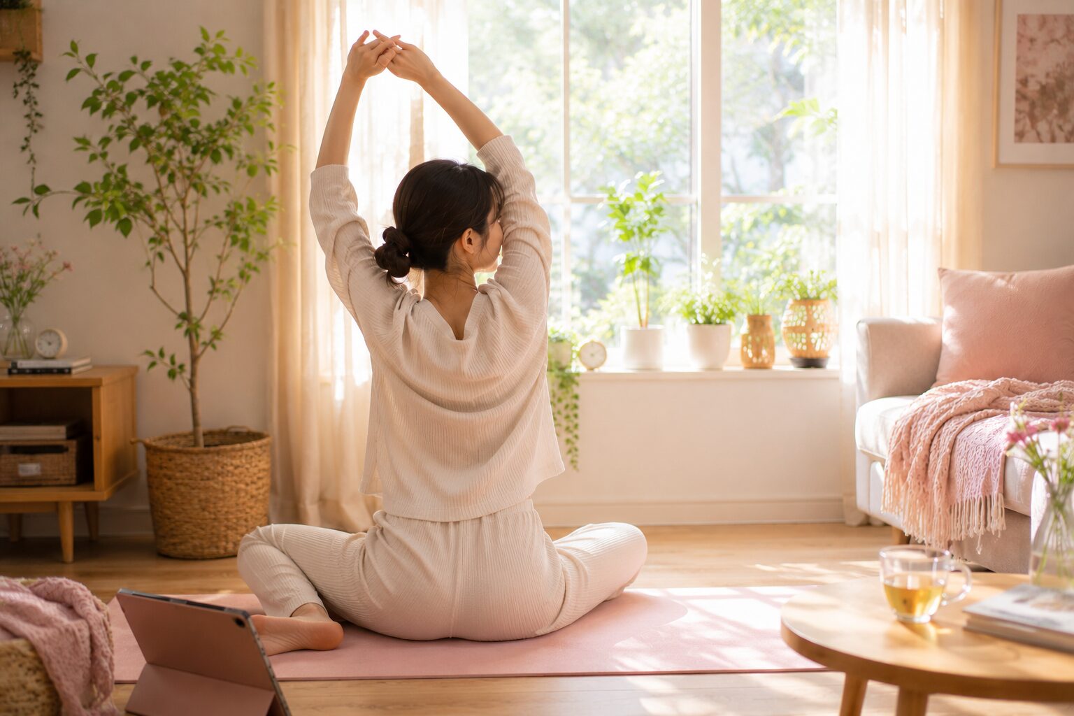 自宅でヨガを続けることが日常になった50代女性の穏やかな後ろ姿