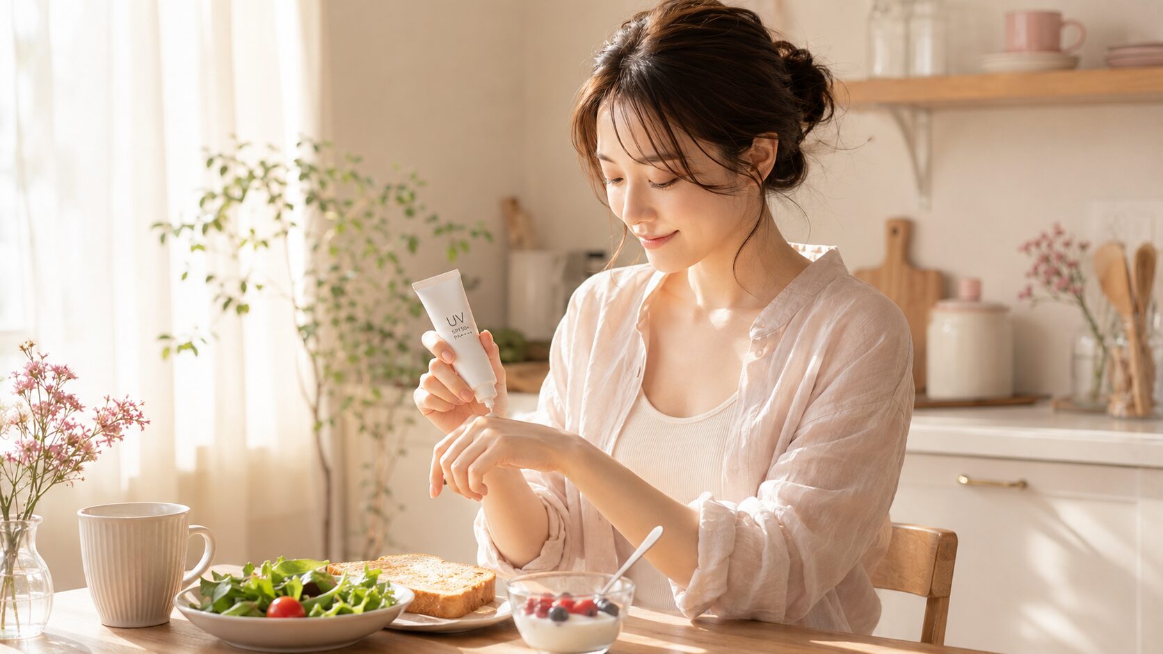 50代女性が洗面台で日焼け止めや保湿アイテムを手に取る穏やかな朝の支度