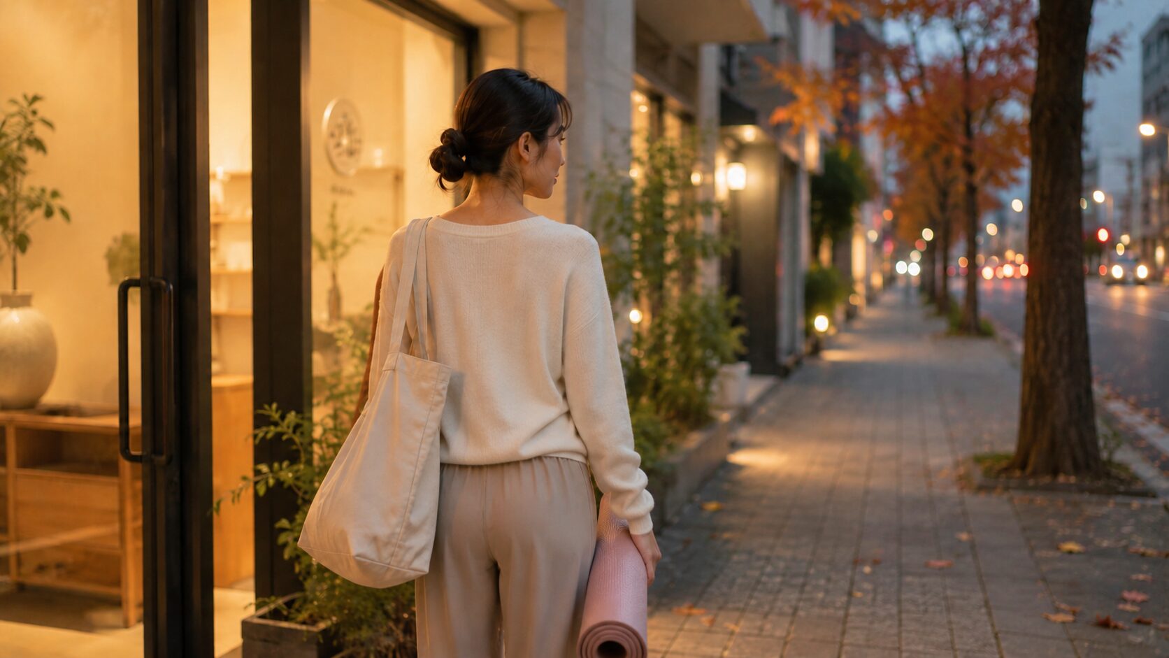 ソエルスタジオでマシンピラティスのレッスンを終えて帰る50代女性の後ろ姿