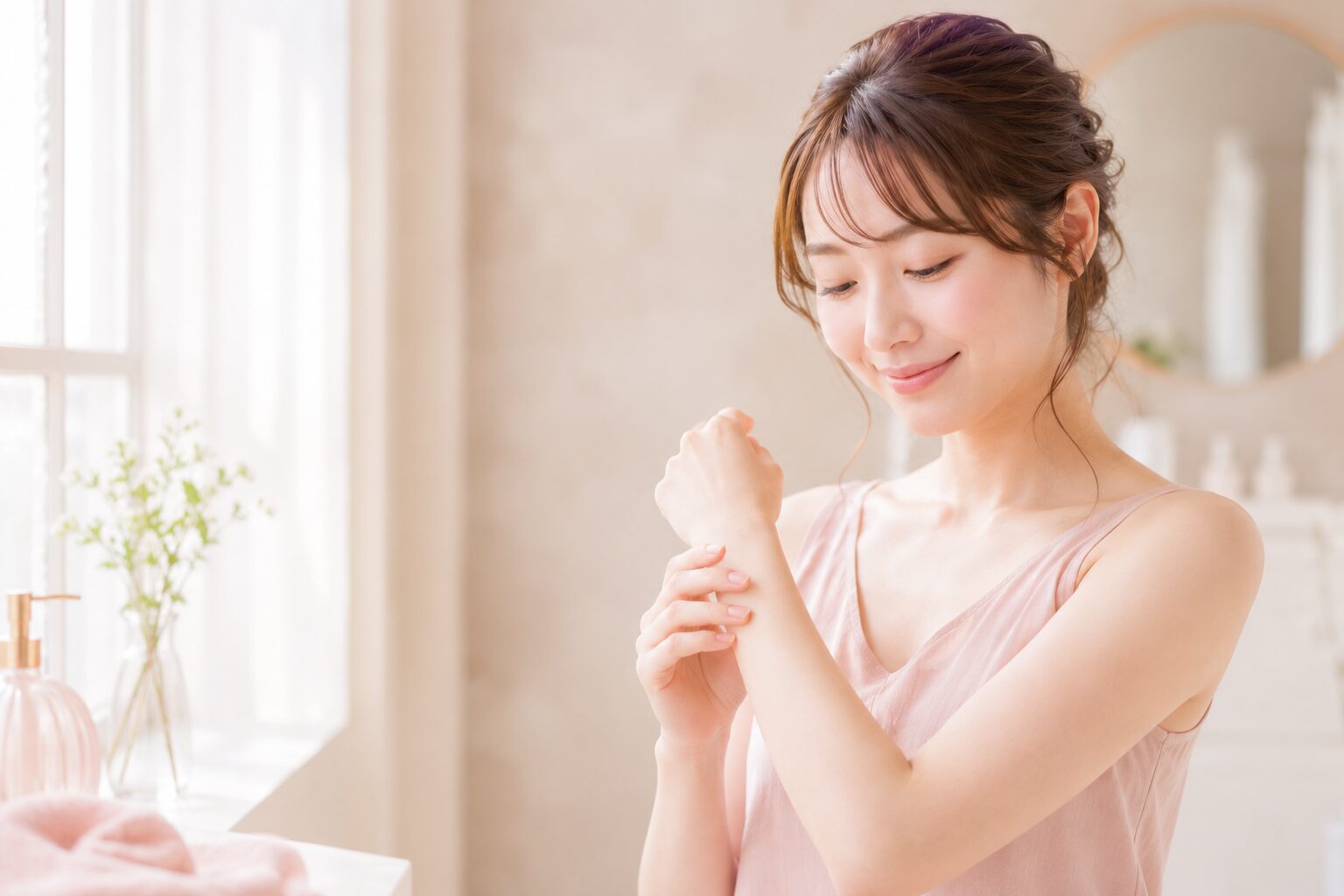 腕の肌にやさしく触れ、うるおいを確かめる50代女性