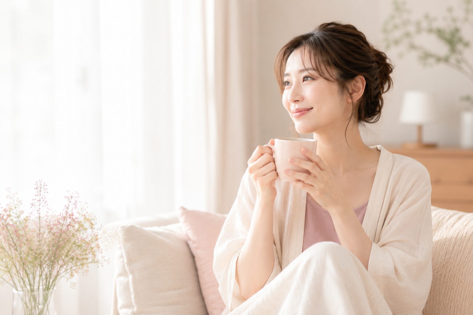 ソファでマグカップを手にくつろぐ50代女性