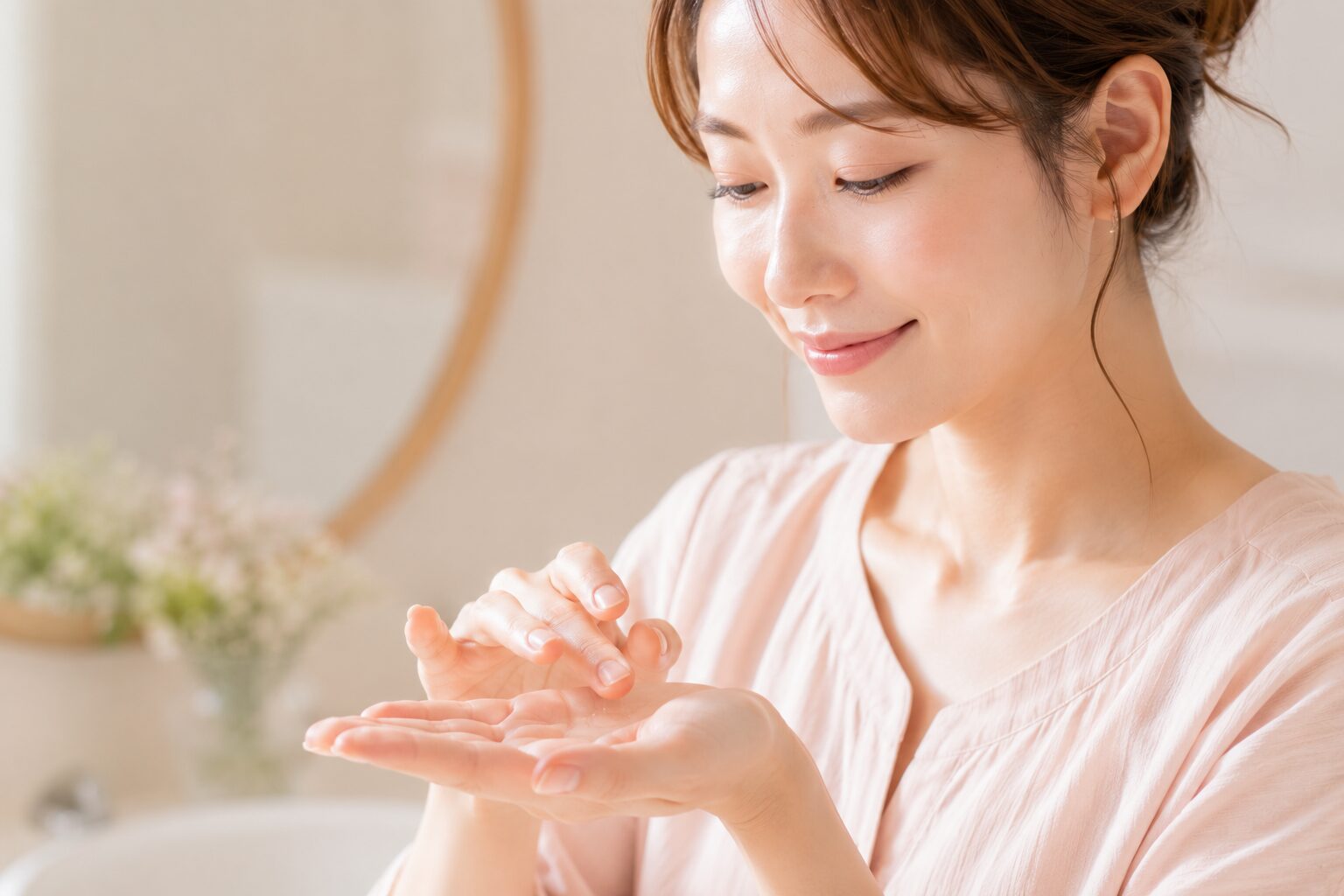 手のひらにクレンジングオイルをとる50代女性