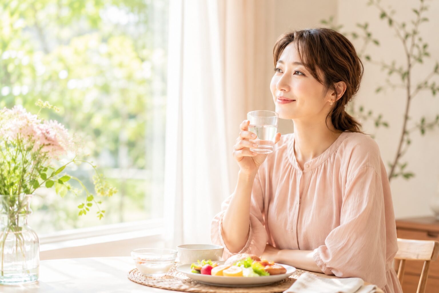 朝の食卓で水を飲む穏やかな50代女性