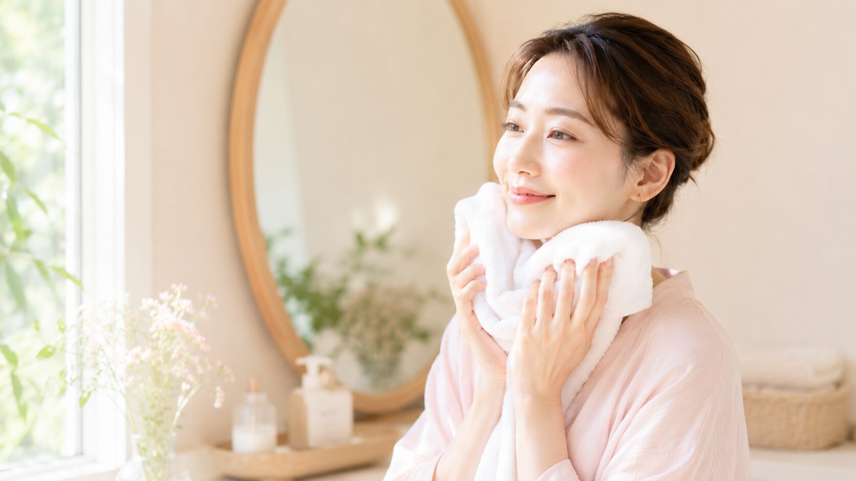 洗顔後、タオルでやさしく顔を押さえるさっぱりした表情の50代女性