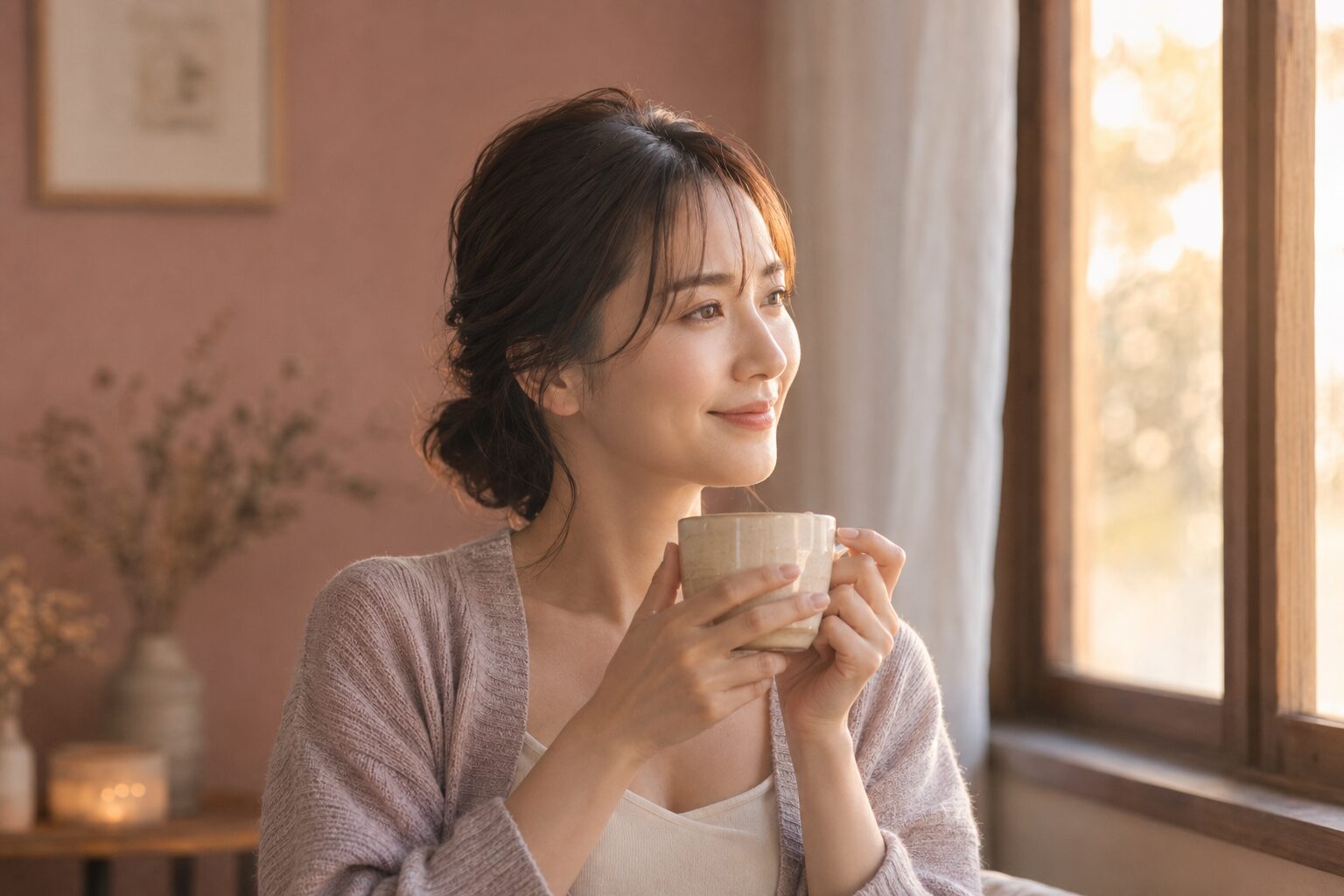 窓辺で温かいお茶を片手にくつろぐ50代女性、夕方のやわらかな金色の光に包まれる