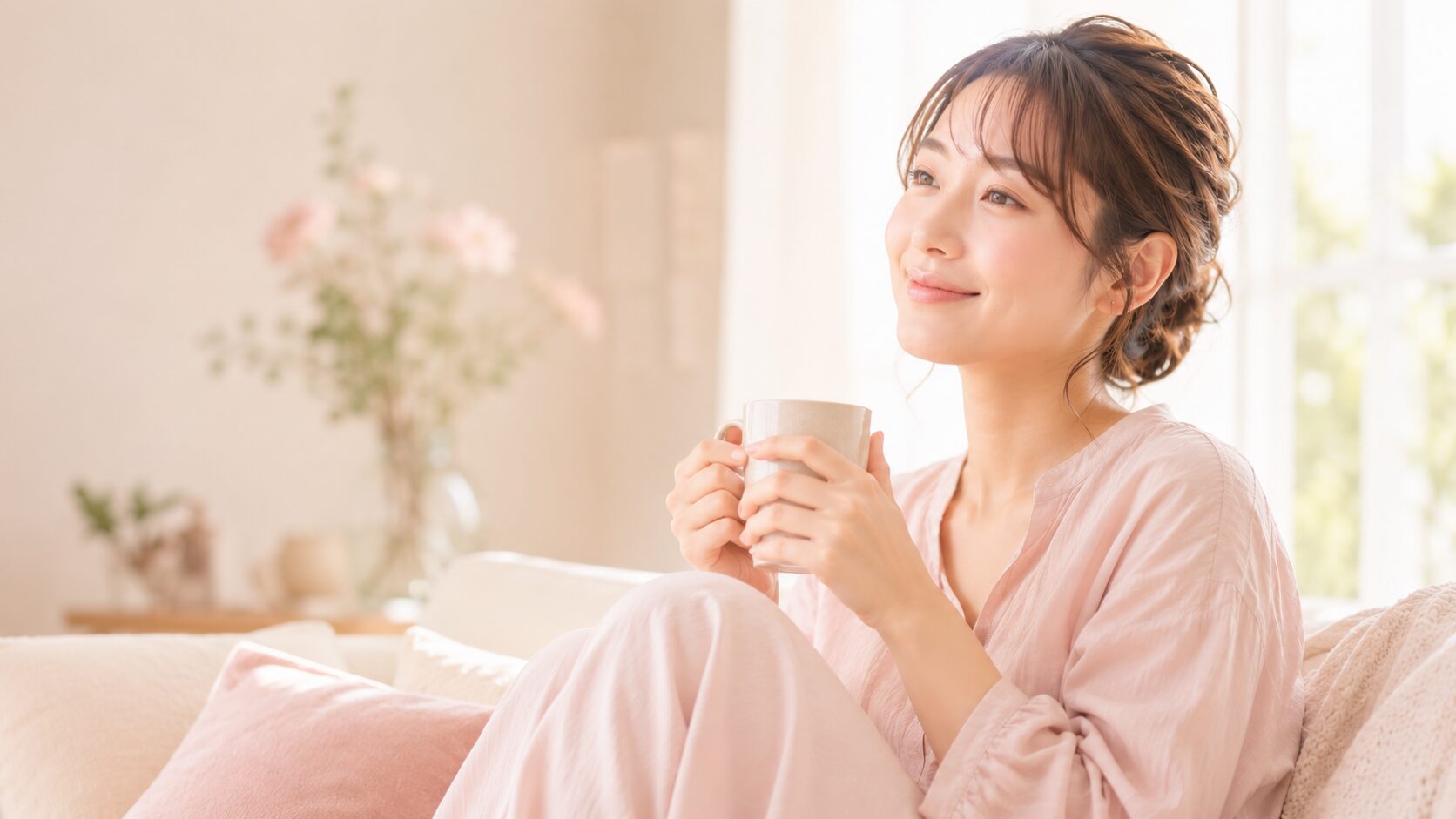 ソファでマグカップを手にくつろぐ50代女性