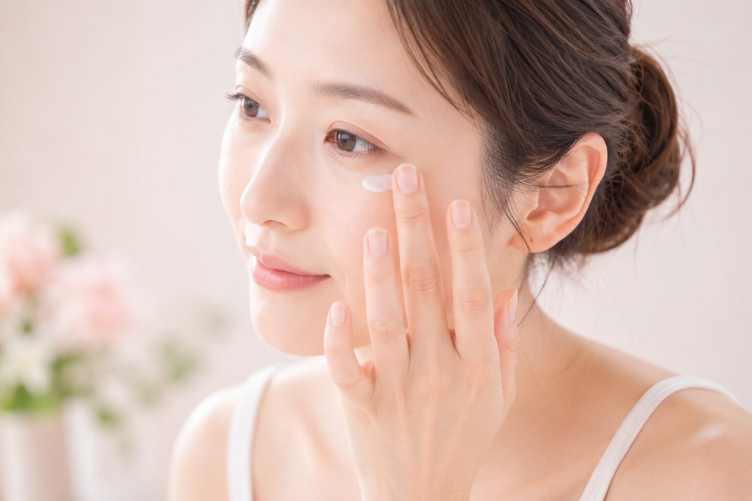 薬指で目の下にアイクリームをやさしくなじませる女性