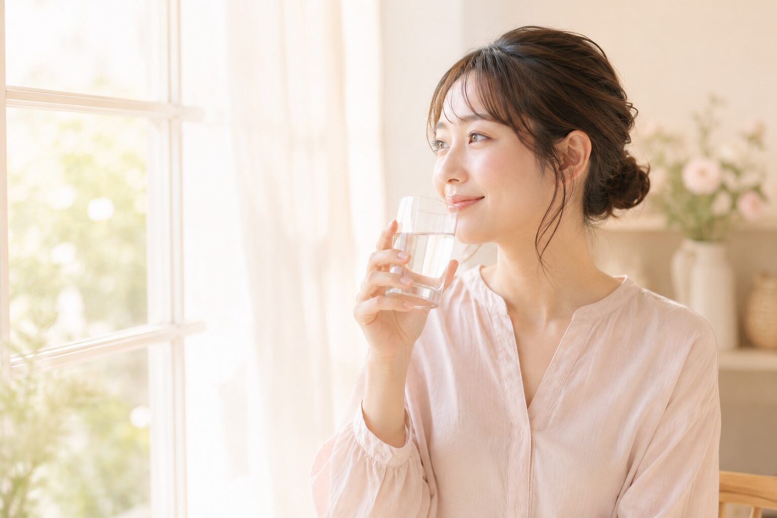 明るい窓辺でグラスの水を飲む50代女性