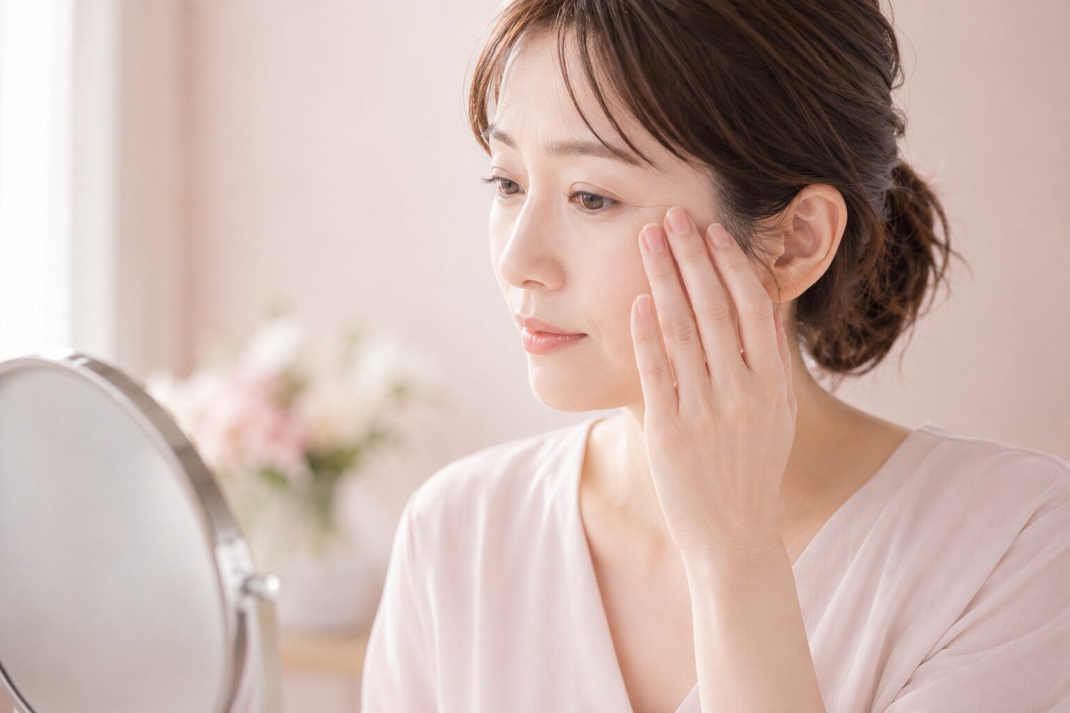 鏡の前で目元のしわ・たるみを気にする50代女性
