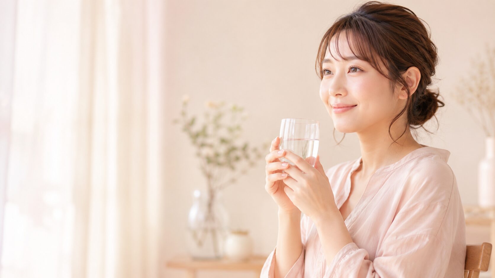 グラスの水を手に穏やかにほほえむ50代女性（内側からのうるおいケアのイメージ）