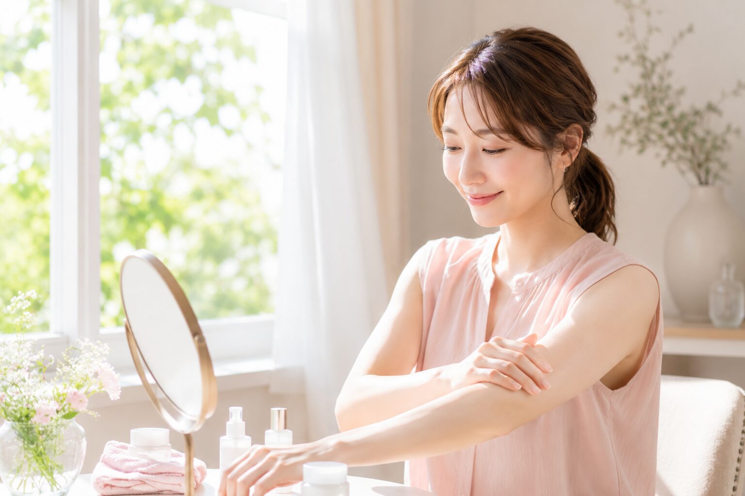 鏡の前で腕に日焼け止めをやさしくなじませる50代女性