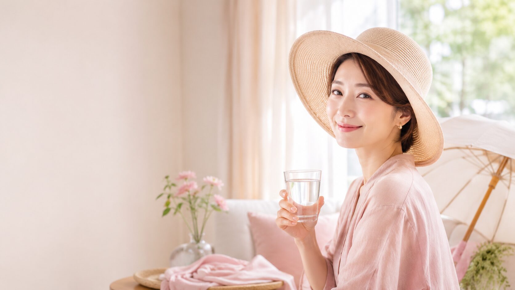 つば広の帽子で夏の日ざしを防ぐ50代女性
