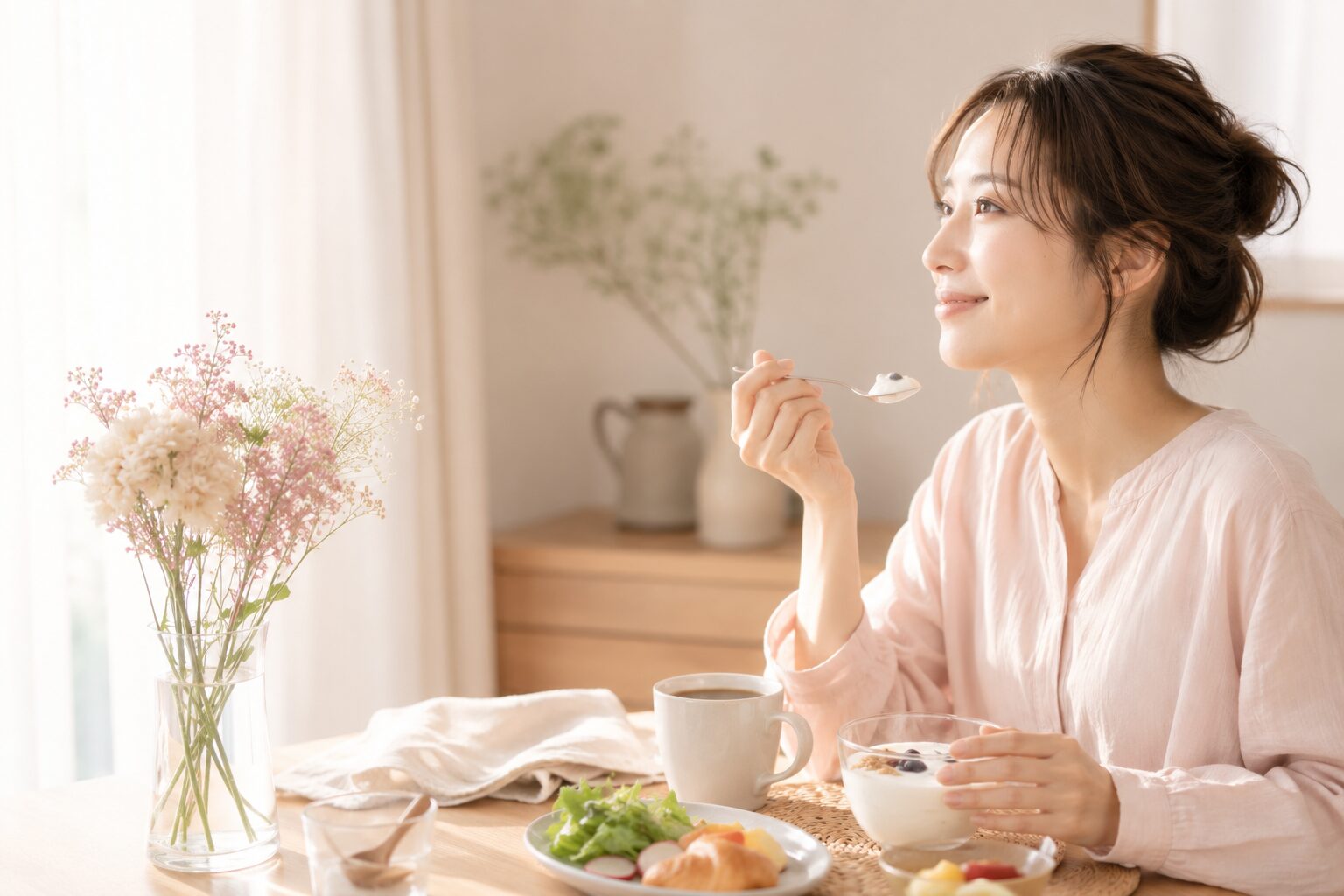 朝の食卓でヨーグルトとコーヒーのある穏やかな朝を過ごす女性