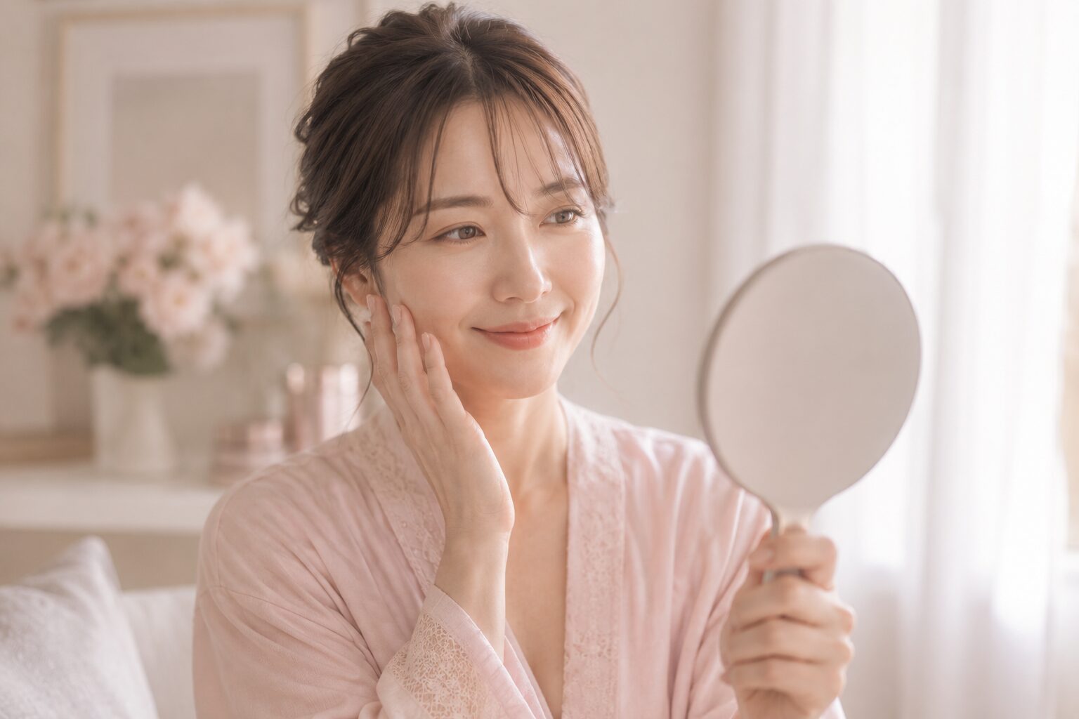 手鏡を覗き込みやさしく微笑む50代女性、朝のセルフケアの満足感を表す穏やかな表情