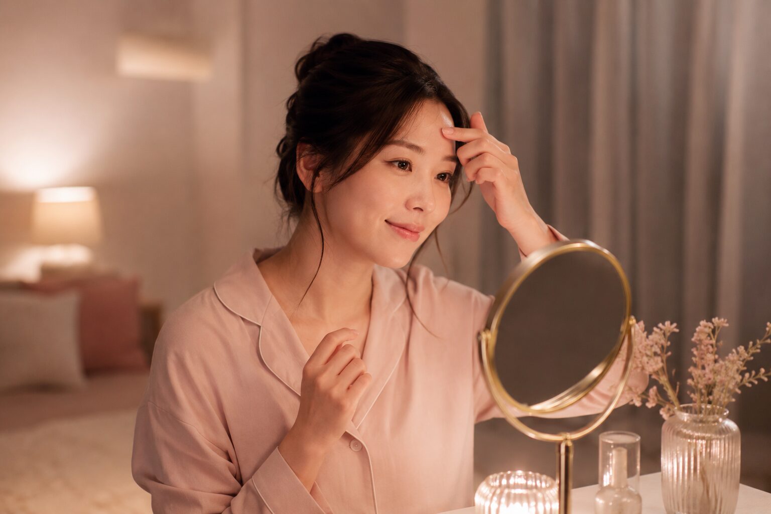 夜の寝室で、寝る前に鏡を見ながら眉間をケアする50代女性