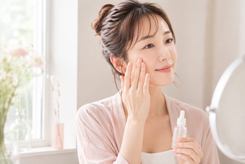 目元にスキンケアをなじませる50代女性