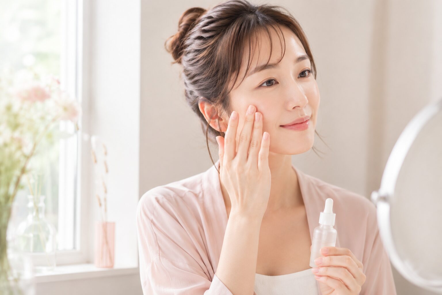 窓辺で化粧水のあとに美容液を頬になじませる50代女性