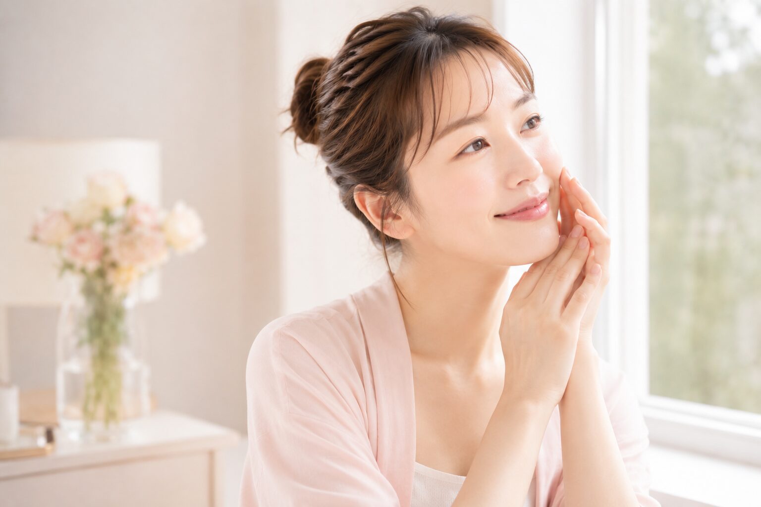 スキンケア後、健やかな肌で満ち足りた表情の50代女性