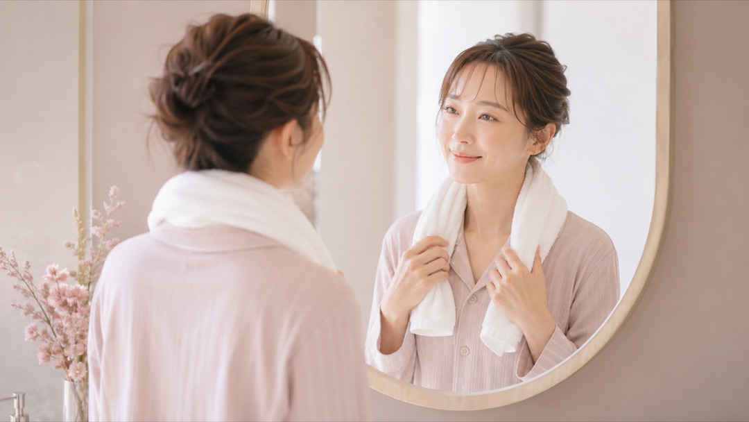 お風呂上がりにタオルを首にかけて鏡の前でリラックスする女性のイメージ