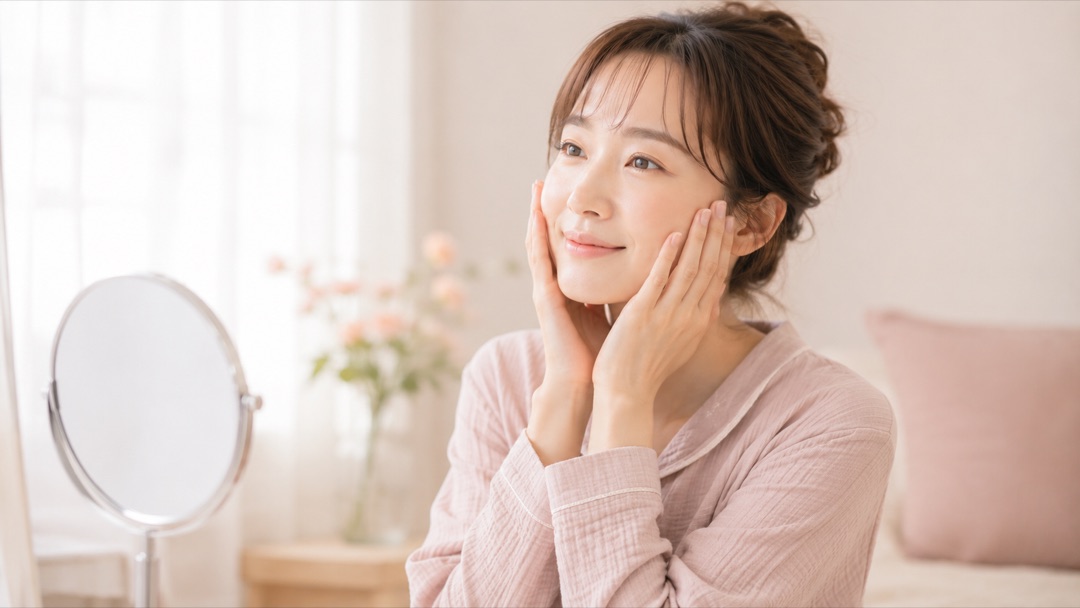 両手で頬を包んで肌の調子を確かめる女性のイメージ