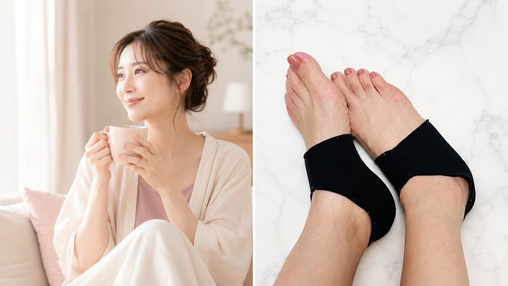 ソファでくつろぐ50代女性と、かかとサポーターを履いた足元