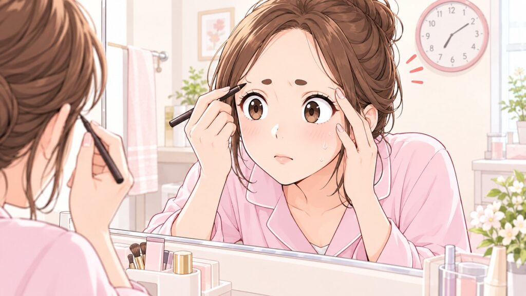 鏡の前でアイブロウペンシルを使い眉頭と眉尻を描き足す女性のイラスト