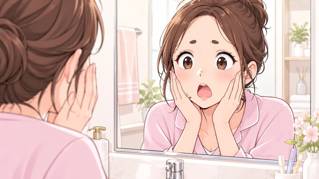 鏡を見て眉毛の両端がないことに気づき驚く女性のイラスト
