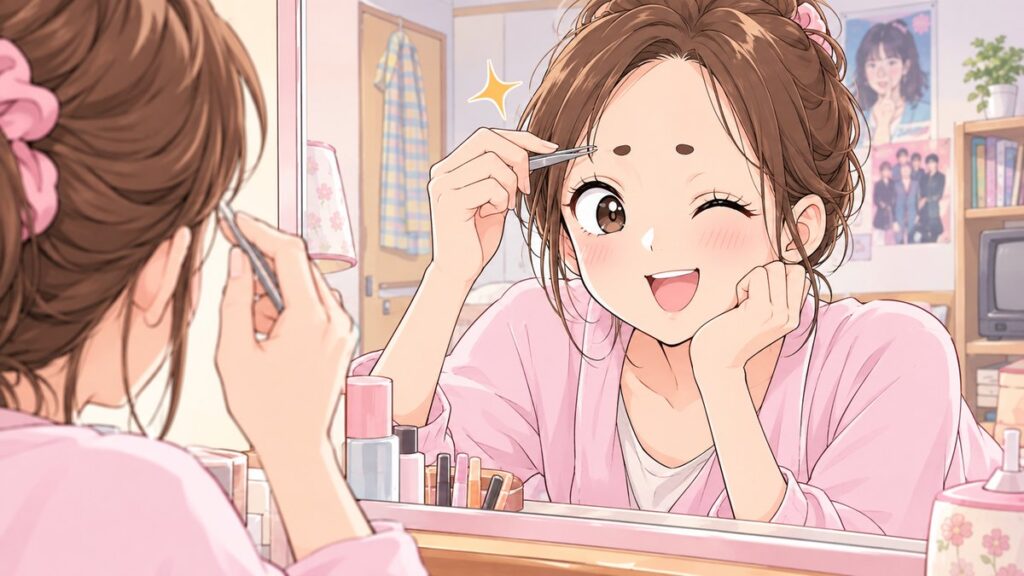 毛抜きで眉毛を抜きながら得意げにしている若い頃の女性のイラスト